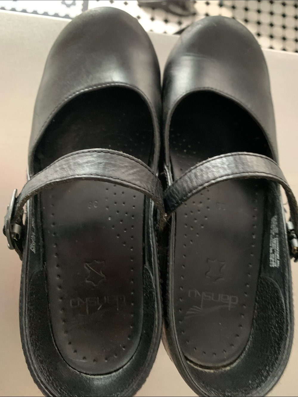 Dansko Black Leather Maryjane Style Clogs - Size 38 - GUC